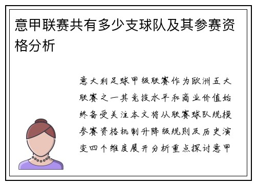 意甲联赛共有多少支球队及其参赛资格分析