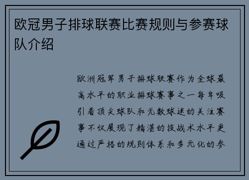 欧冠男子排球联赛比赛规则与参赛球队介绍