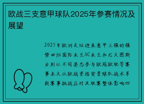 欧战三支意甲球队2025年参赛情况及展望